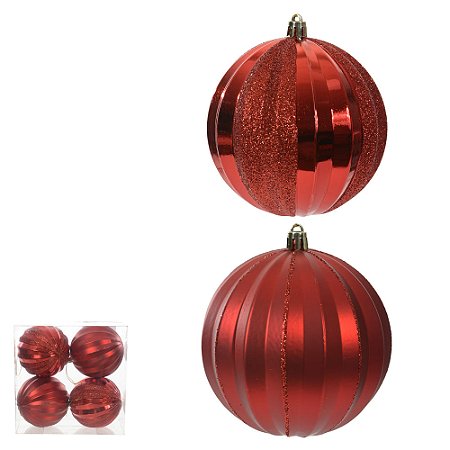 KIT 4 BOLA DECORADA NATAL C/4 PECAS (VERMELHO) 10cm