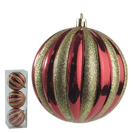 BOLA DECORADA NATAL C/3 UND PVC (VERMELHO DOURADO) 10cm