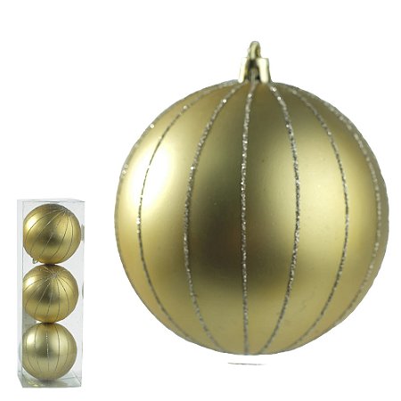BOLA DECORADA NATAL C/3 UND PVC (DOURADO) 10cm