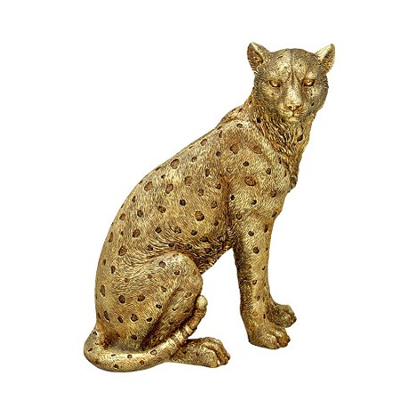 ESCULTURA LEOPARDO DECORATIVO DOURADO RESINA 28CM