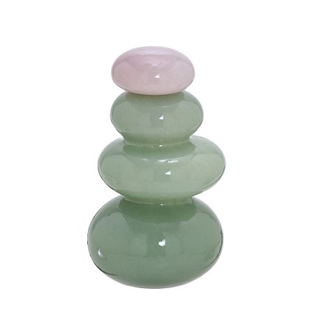 VASO POTICHE DECORATIVO C/TAMPA EM VIDRO VERDE E ROSA 26,5CM