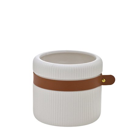 VASO DECORATIVO COM ALÇA DE COURO 14CM CERAMICA