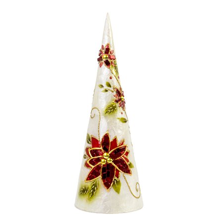 ARVORE CONE DECORATIVA MADREPEROLA COM FLORES POINSETIA 31CM