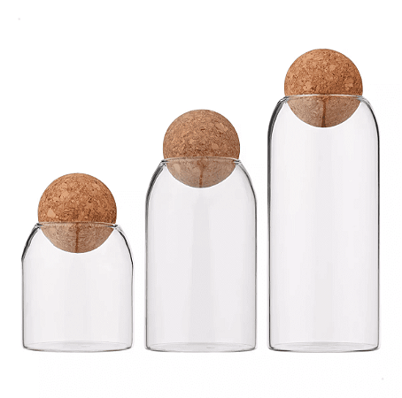 JG 3 POTES EM VIDRO COM TAMPA ESFERA EM CORTIÇA MART