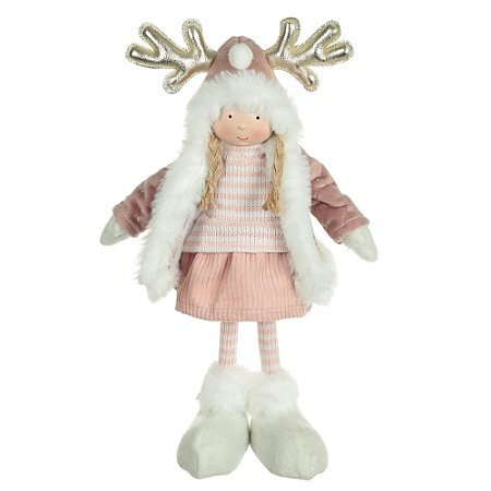 BONECA NATALINA MENINA EM PE ROSA BRANCO 34cm