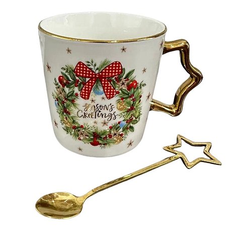 Kit Presente Natal Caneca e Colher Guirlanda Borda Dourada