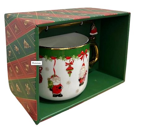 Kit Presente Natal Caneca e Colher Papai Noel Borda Dourada