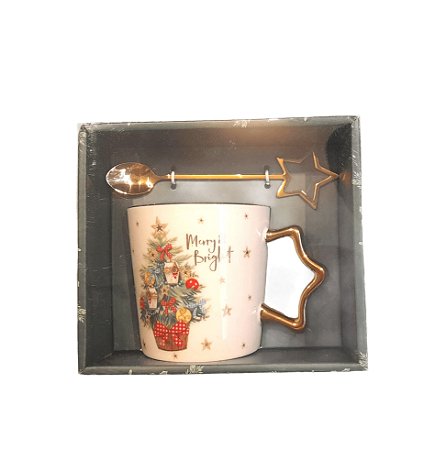 Kit Presente Natal Caneca e Colher Arvore de Natal Borda Dourada
