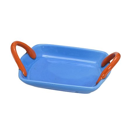 BANDEJA DECORATIVA EM CERAMICA NAS CORES AZUL E LARANJA 21cm