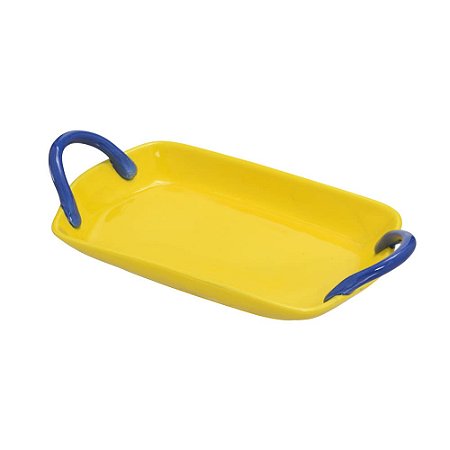 BANDEJA DECORATIVA EM CERAMICA NAS CORES AMARELO E AZUL 33CM