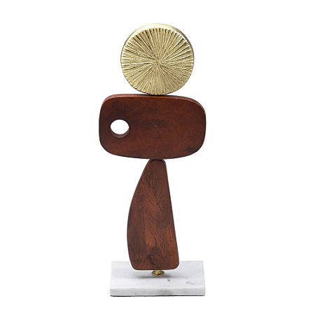 ESCULTURA ABSTRATA MADEIRA MARMORE E METAL DOURADO E MARROM