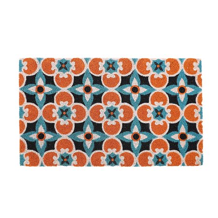 CAPACHO FLORIDO AZUL E LARANJA  PVC E FIBRA DE COCO 76cm