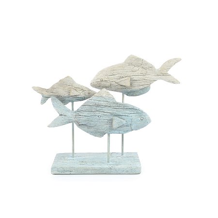 ESCULTURA DECOR CARDUME PEIXES POLIRESINA CINZA E AZUL