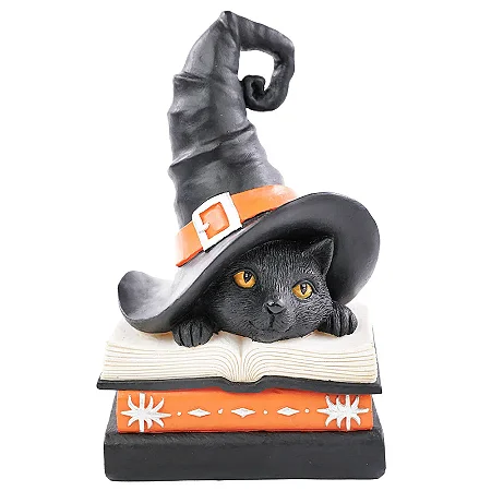 ESCULTURA  DE RESINA GATO COM CHAPEU HALLOWEEN