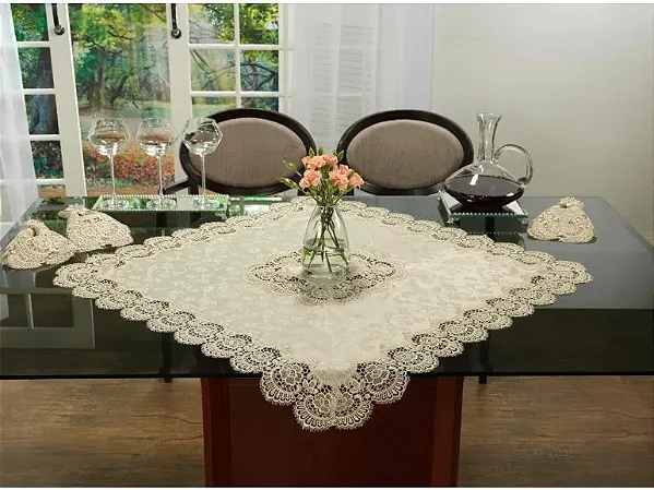 CAMINHO MESA RENDADO 100% PES VENEZA 85X85CM BEGE JOLITEX