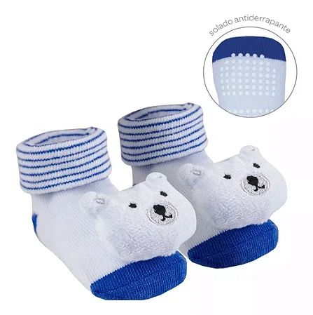MEIAS ANTIDERRAPANTES COM CHOCALHO URSO BUBA +6M - 12M Cor:Branca e Azul;Tamanho:6 a 12m