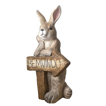 ESCULTURA COELHO DECORATIVO COM PLACA BEM VINDO - 57cm