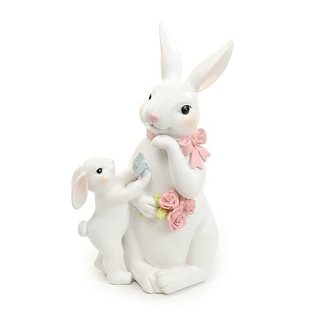 ESCULTURA COELHO DECOR EM RESINA COM FILHOTE COLORIDO 19cm