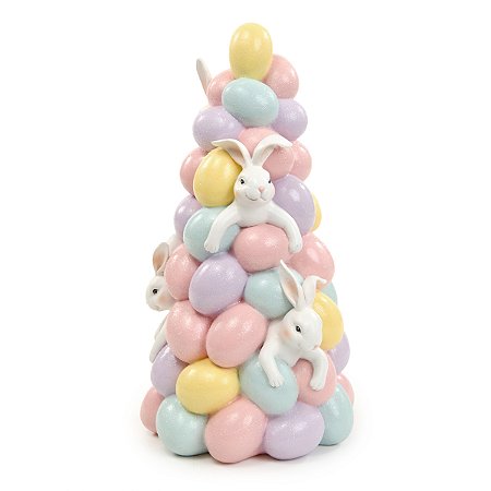 ESCULTURA ARVORE DE COELHOS DECOR EM RESINA COLORIDA 28cm
