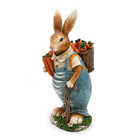 ESCULTURA COELHO DECORATIVO C CESTA CENOURAS EM RESINA 22cm