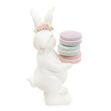 ESCULTURA COELHO DECORATIVO EM RESINA COM MACARONS 15cm