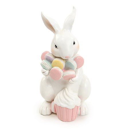 ESCULTURA COELHO DECOR COM MACARONS EM RESINA 19cm