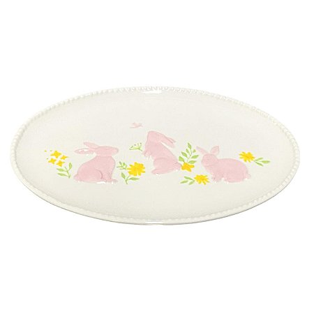TRAVESSA OVAL COELHOS ROSA EM RELEVO PORCELANA 35,5X25,5CM