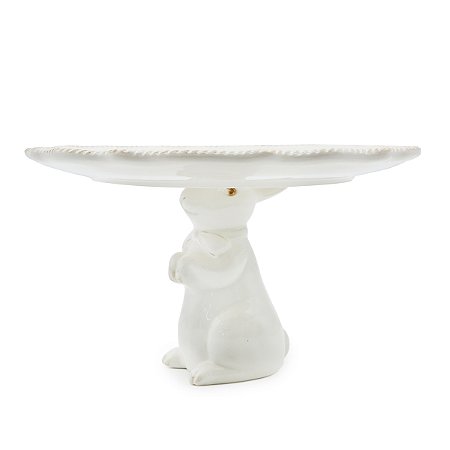 PRATO PARA BOLO COM PE COELHO BRANCO EM PORCELANA 20cm