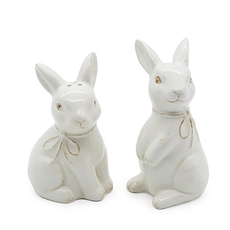 PORTA CONDIMENTO COELHOS EM PORCELANA BRANCA COM 02PC 7/9CM