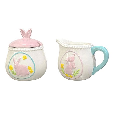 CONJ CREMEIRA COM ACUCAREIRO COELHOS EM PORCELANA