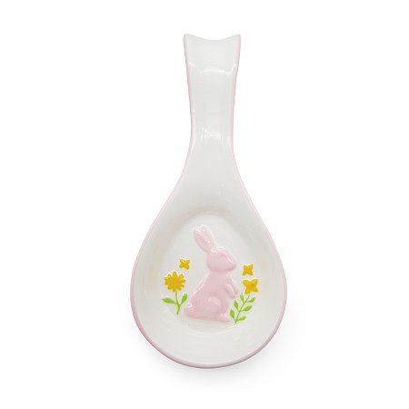 DESCANSO DE COLHER EM PORCELANA BRANCO COELHO EM RELEVO