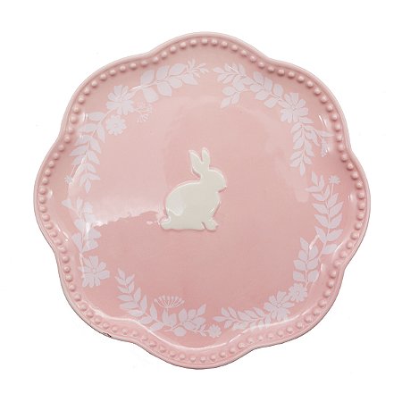 PRATO DE SOBREMESA EM PORCELANA ROSA COM COELHO FLORAL 22cm