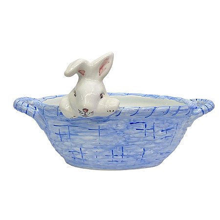 CESTA BOMBONIERE COELHO EM CERAMICA AZUL LUIZ SALVADOR