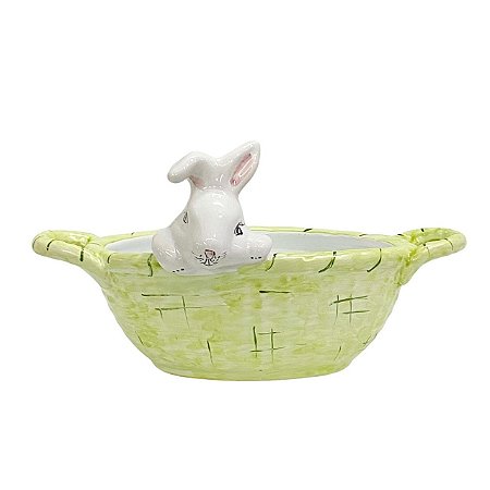 CESTA BOMBONIERE COM COELHO EM CERAMICA VERDE LUIZ SALVADOR