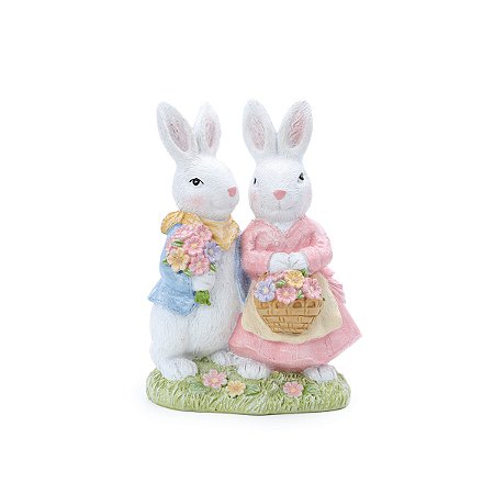 ESCULTURA COELHOS DECORATIVO RESINA C/FLORES E CESTA