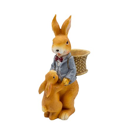 ESCULTURA COELHO COM FILHOTE DECORATIVO COM CESTA - 34cm