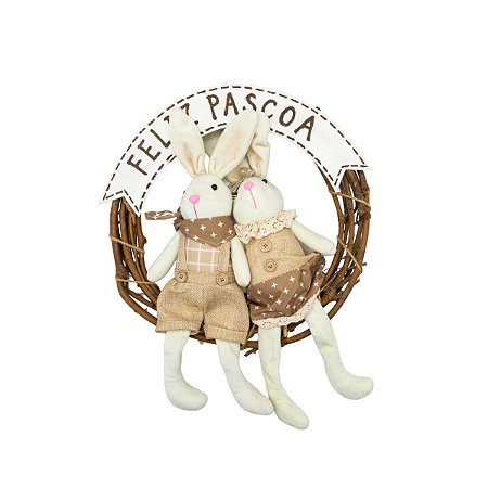 GUIRLANDA DECORATIVA CASAL DE COELHOS FELIZ PASCOA - 33cm