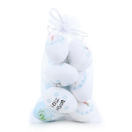 JG 9 MINI OVOS DE PASCOA DECORADOS AZUL E BRANCO PLASTICO