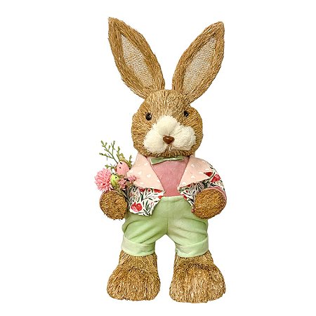 ESCULTURA COELHO DECORATIVO COM FLORES E CALCA VERDE 40CM