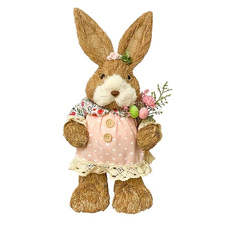 ESCULTURA COELHA DECOR C/FLORES E VESTIDO DE CORACAO 40cm