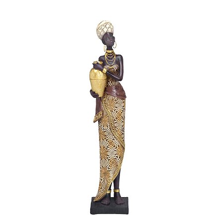 ESCULTURA AFRICANA DECORATIVA RESINA DOURADO COM JARRO 34CM
