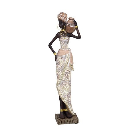 ESCULTURA AFRICANA DECOR RESINA  BEGE BRANCO COM JARRO 34CM