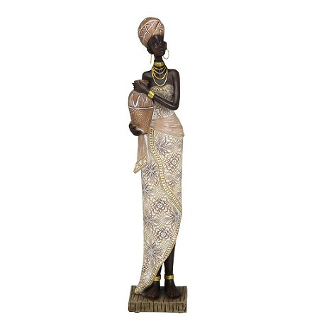 ESCULTURA AFRICANA DECORATIVA RESINA COM JARRO E COLAR 39CM