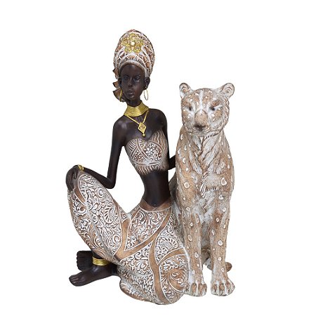 ESCULTURA AFRICANA DECOR RESINA SENTADA COM TIGRE 25,5CM