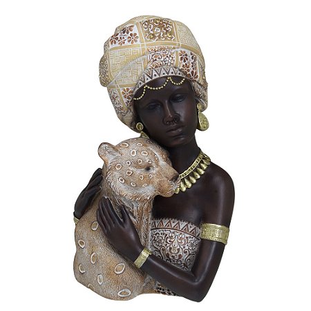 ESCULTURA BUSTO AFRICANA DECORATIVA RESINA  COM TIGRE 27,5CM