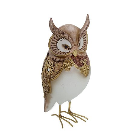 ESCULTURA CORUJA DECORATIVA EM RESINA  MARROM E DOURADO 20,5CM