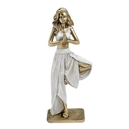 ESCULTURA MULHER YOGA DECORATIVA EM RESINA BRANC E DOUR 25CM
