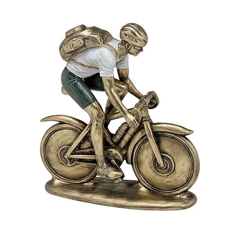 ESCULTURA HOMEM NA BICICLETA EM RESINA DOUR E VERDE 20,5CM