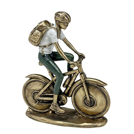 ESCULTURA MULHER NA BICICLETA DECOR RESINA DOUR E VERDE 22CM