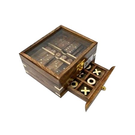 JOGO DE TABULEIRO DOURADO E MARROM EM MADEIRA METAL E VIDRO